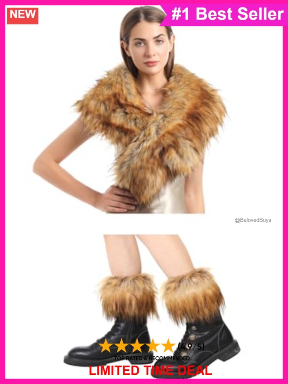 Faux Fur Collar Scarf & Knit Boot Cuffs Leg Warmer Set One Size